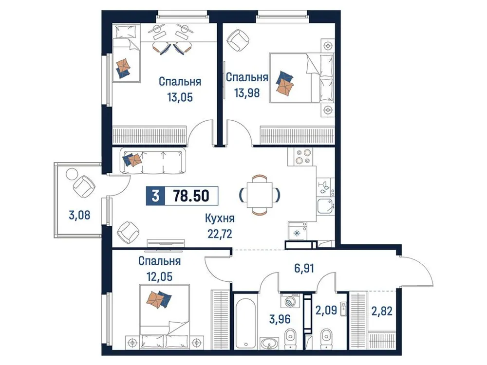 Продается 3-комнатная квартира, 78,5 м² - Фото 1