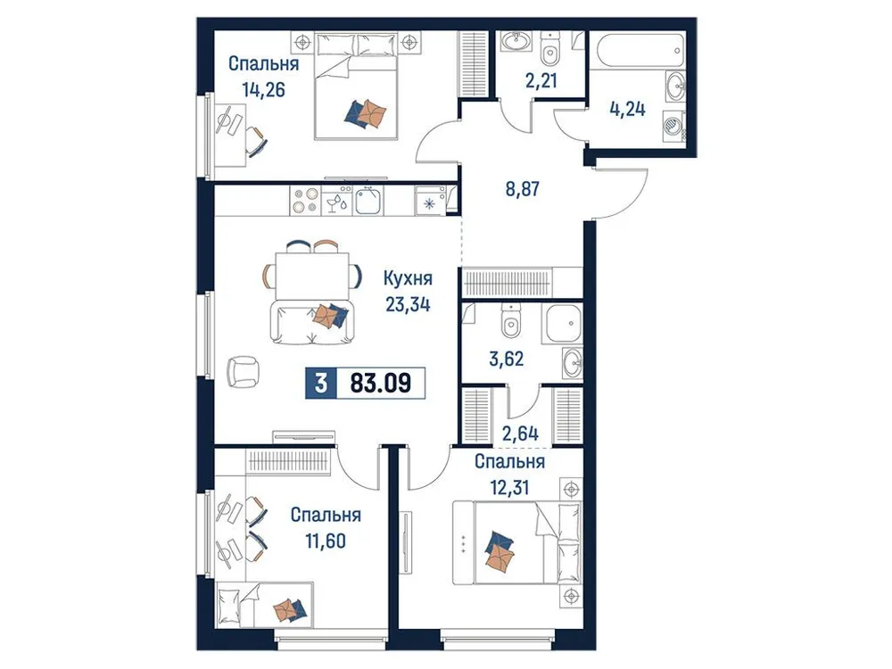 Продается 3-комнатная квартира, 83,1 м² - Фото 1