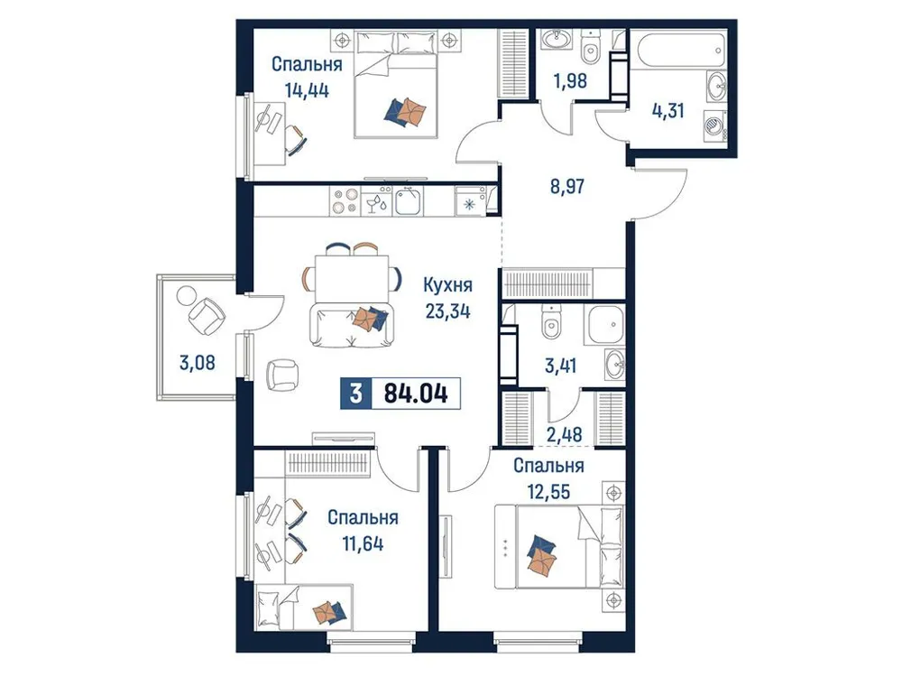 Продается 3-комнатная квартира, 84 м² - Фото 1