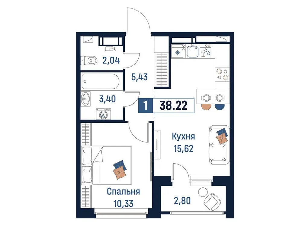 Продается 1-комнатная квартира, 38,2 м² - Фото 1