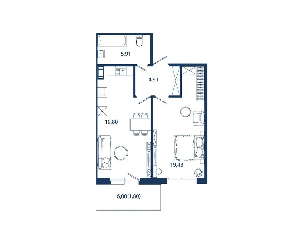 Продается 1-комнатная квартира, 51,9 м² - Фото 1