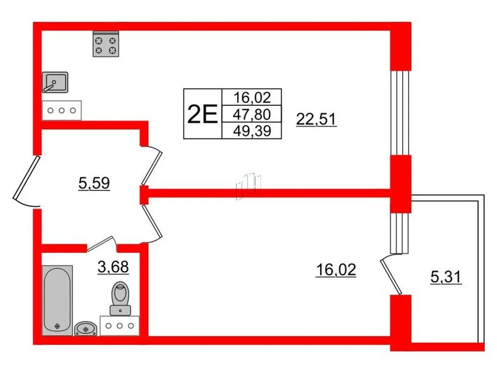 Продается 1-комнатная квартира, 49,4 м² - Фото 1