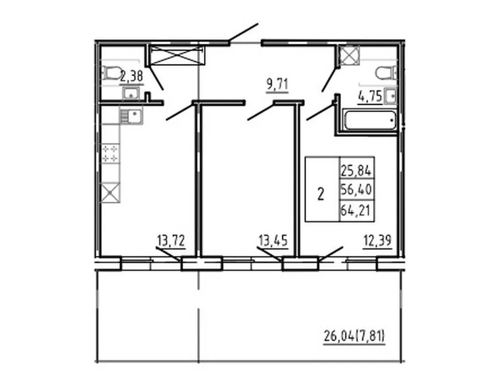 Продается 2-комнатная квартира, 64,2 м² - Фото 1