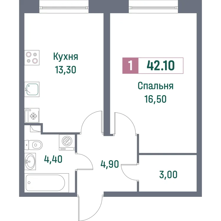 Продается 1-комнатная квартира, 42,1 м² - Фото 1