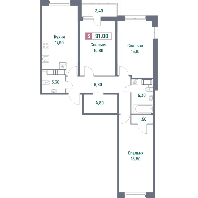 Продается 3-комнатная квартира, 91 м² - Фото 2