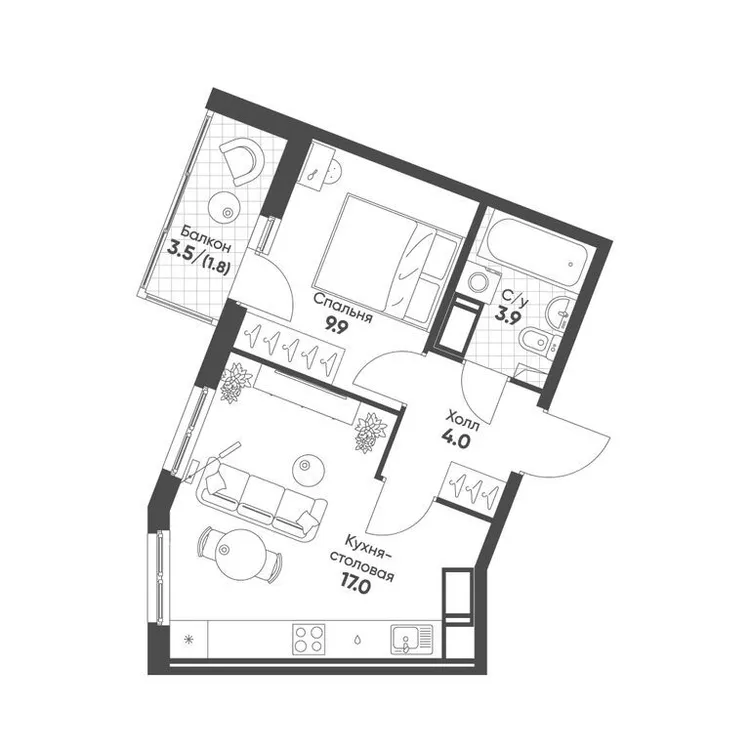 Продается 1-комнатная квартира, 36,6 м² - Фото 1