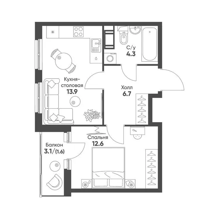 Продается 1-комнатная квартира, 39,1 м² - Фото 1