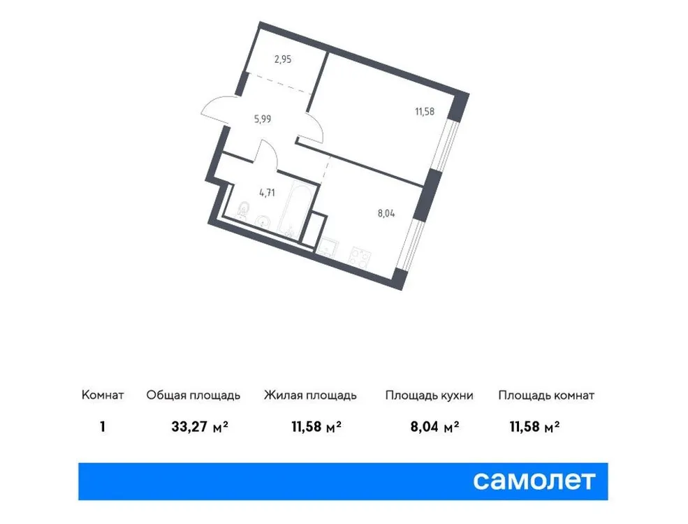 Продается 1-комнатная квартира, 33,3 м² - Фото 1