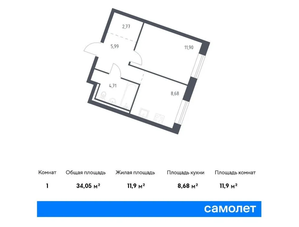 Продается 1-комнатная квартира, 34,1 м² - Фото 1