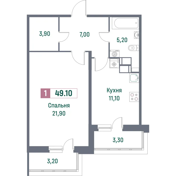 Продается 1-комнатная квартира, 49,1 м² - Фото 1