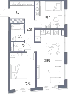 Продается 2-комнатная квартира, 61,1 м² - Фото 1
