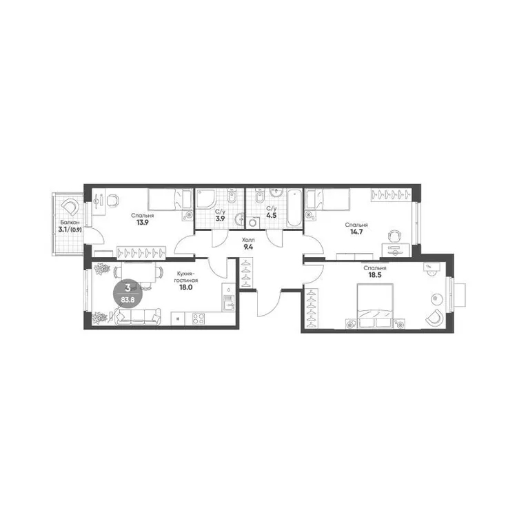 Продается 3-комнатная квартира, 83,8 м² - Фото 1