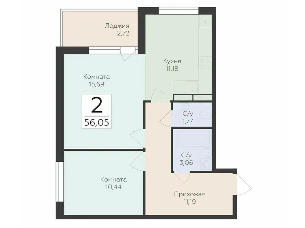 Продается 2-комнатная квартира, 56,1 м² - Фото 2