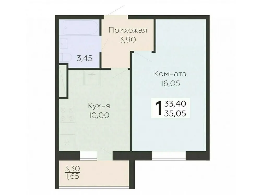 Продается 1-комнатная квартира, 35,1 м² - Фото 2
