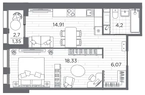Продается 1-комнатная квартира, 44,9 м² - Фото 1