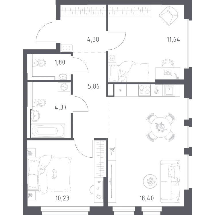 Продается 2-комнатная квартира, 56,7 м² - Фото 2