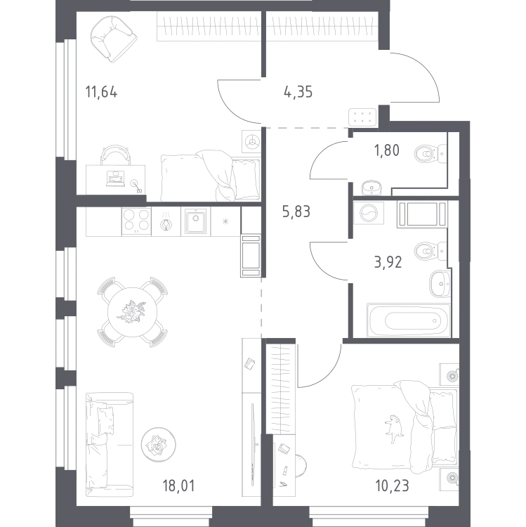 Продается 2-комнатная квартира, 55,8 м² - Фото 2
