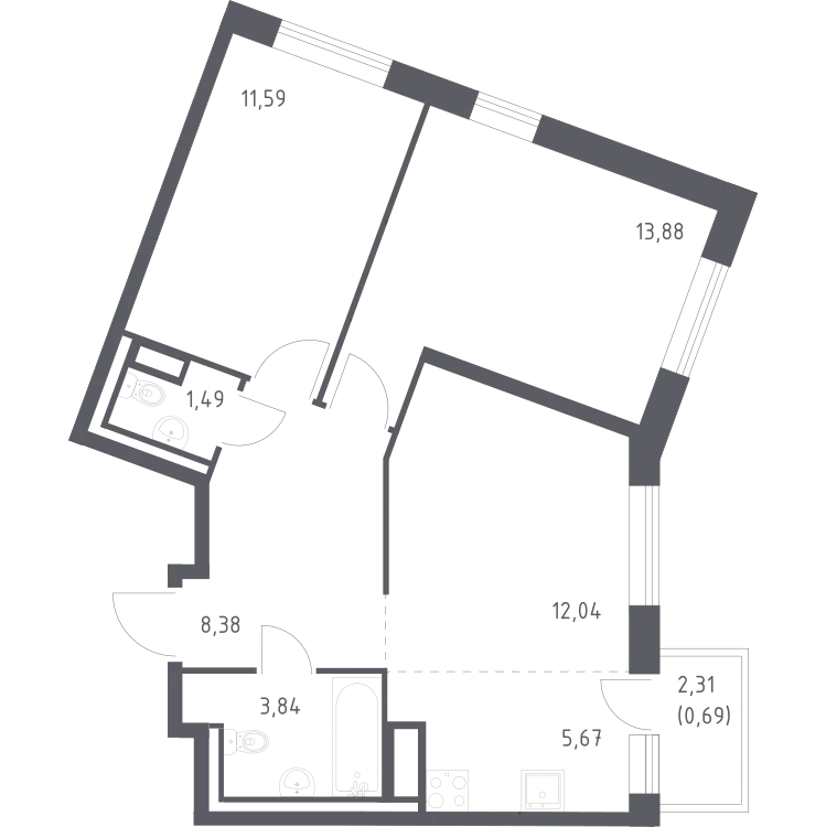Продается 2-комнатная квартира, 57,6 м² - Фото 2
