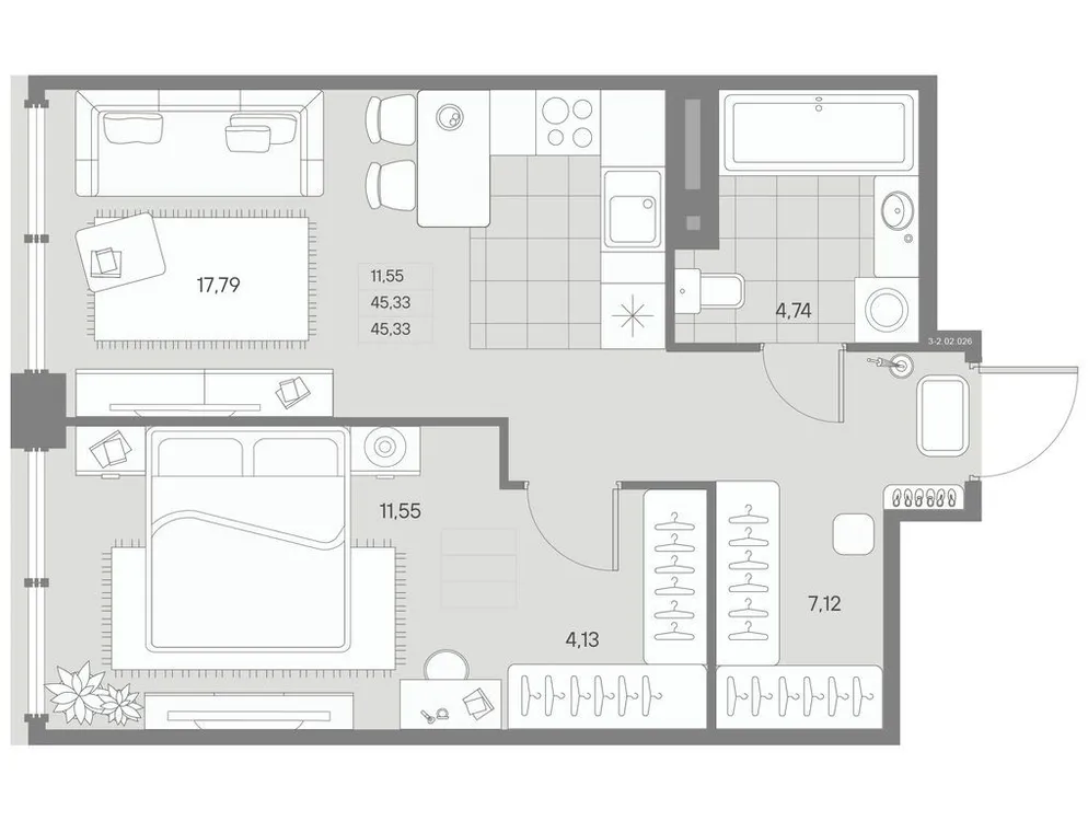 Продается 1-комнатная квартира, 45,3 м² - Фото 2