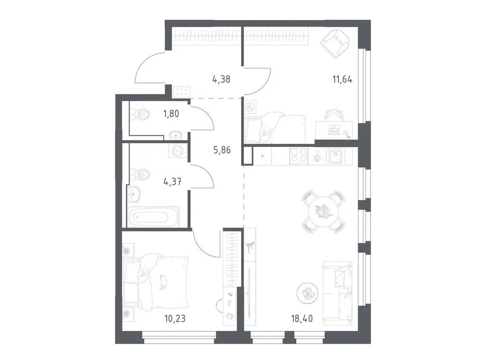 Продается 2-комнатная квартира, 56,7 м² - Фото 3