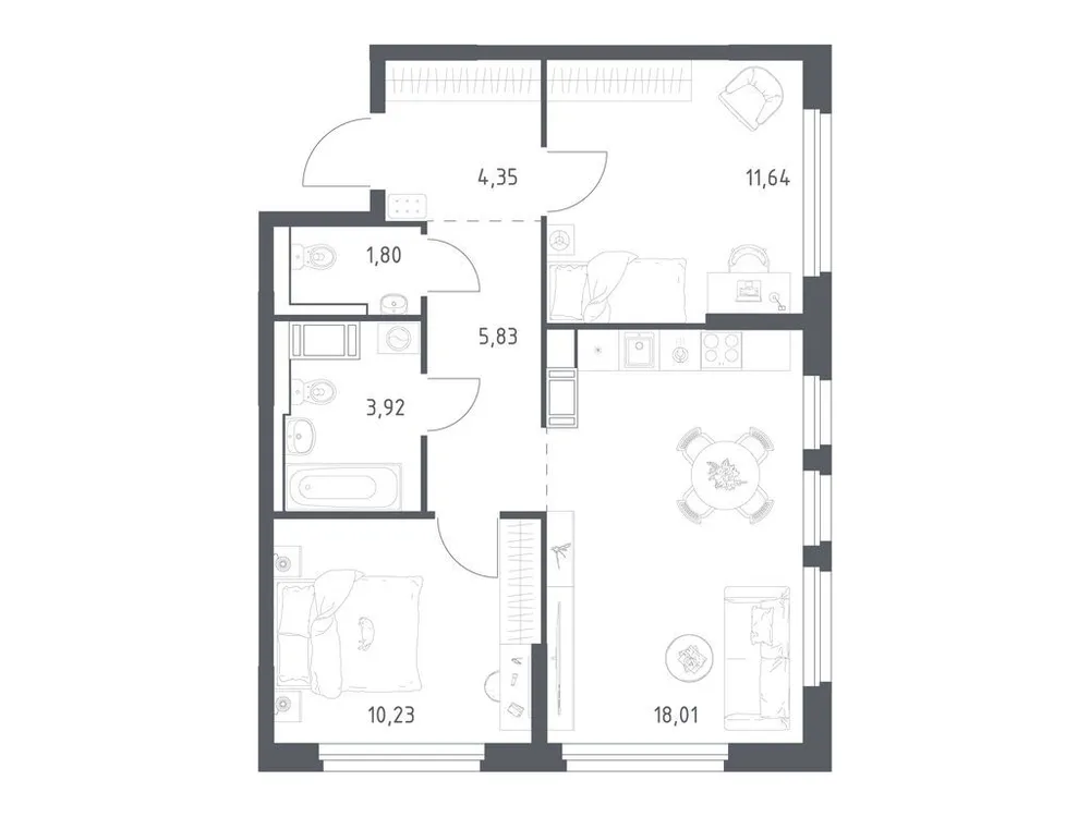 Продается 2-комнатная квартира, 55,8 м² - Фото 3