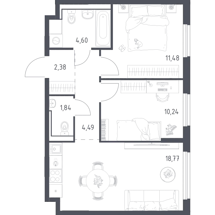 Продается 2-комнатная квартира, 53,7 м² - Фото 1