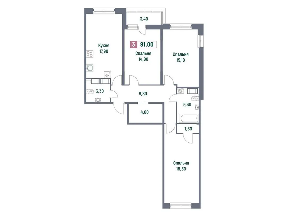 Продается 3-комнатная квартира, 91 м² - Фото 1