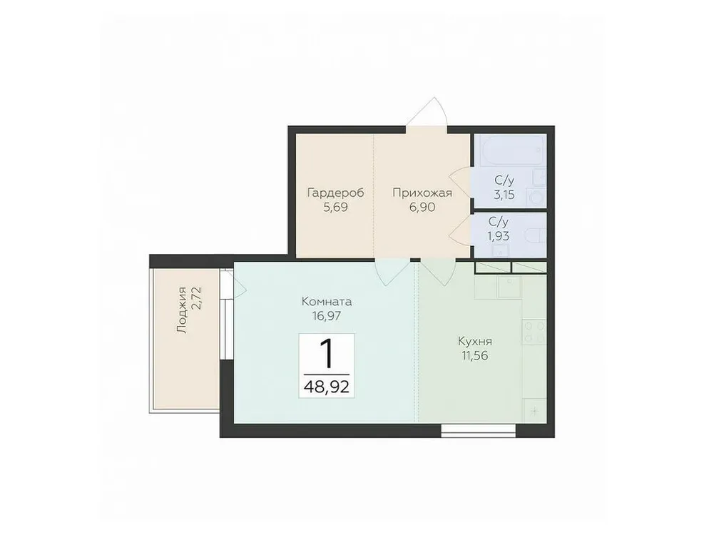 Продается 1-комнатная квартира, 48,9 м² - Фото 1