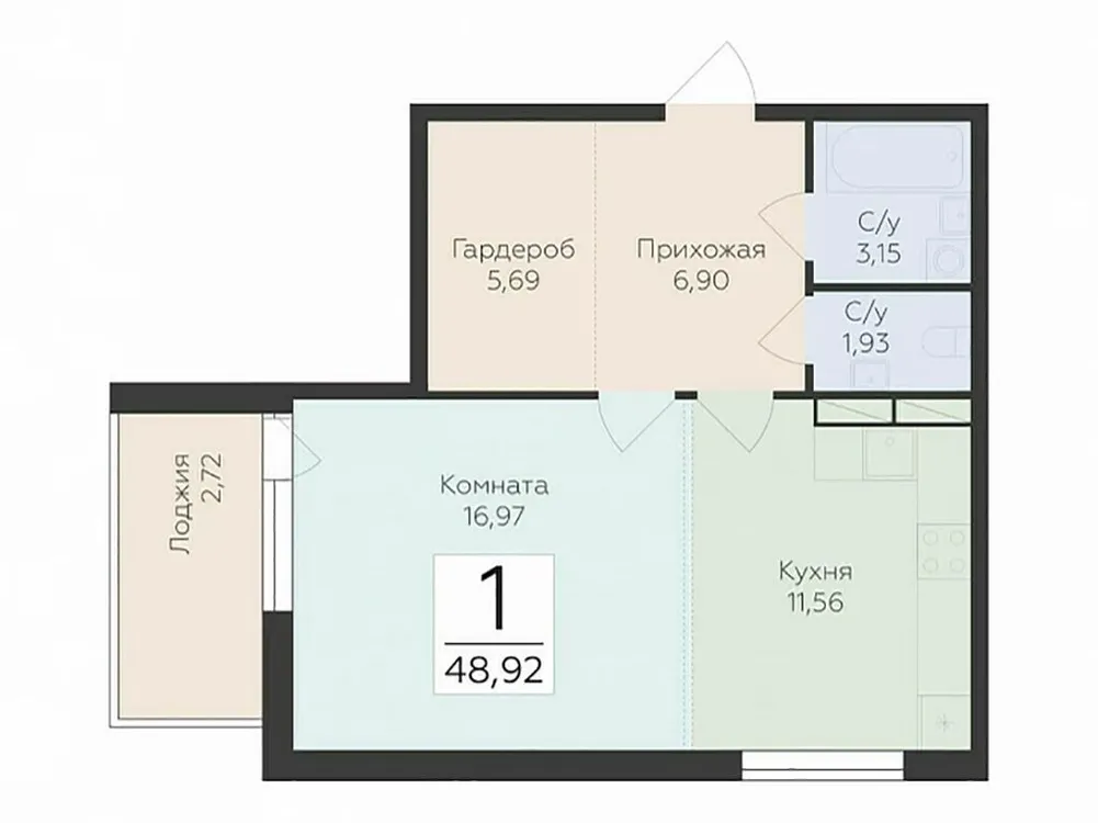 Продается 1-комнатная квартира, 48,9 м² - Фото 2