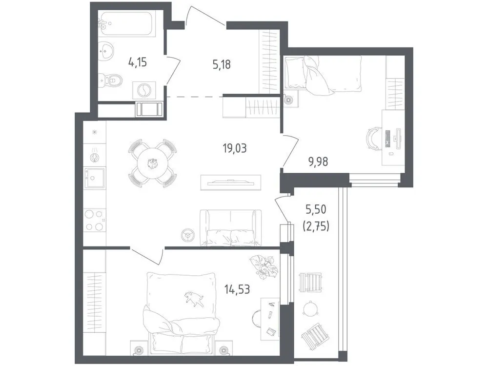Продается 2-комнатная квартира, 55,6 м² - Фото 2