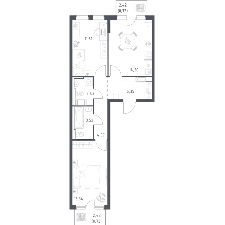 Продается 2-комнатная квартира, 56,9 м² - Фото 1