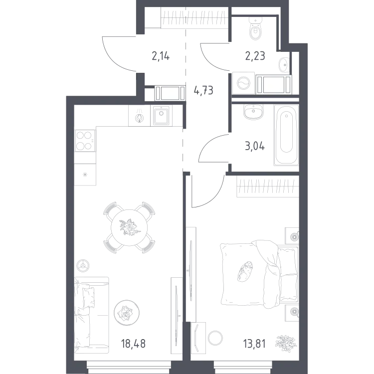 Продается 1-комнатная квартира, 44,4 м² - Фото 1
