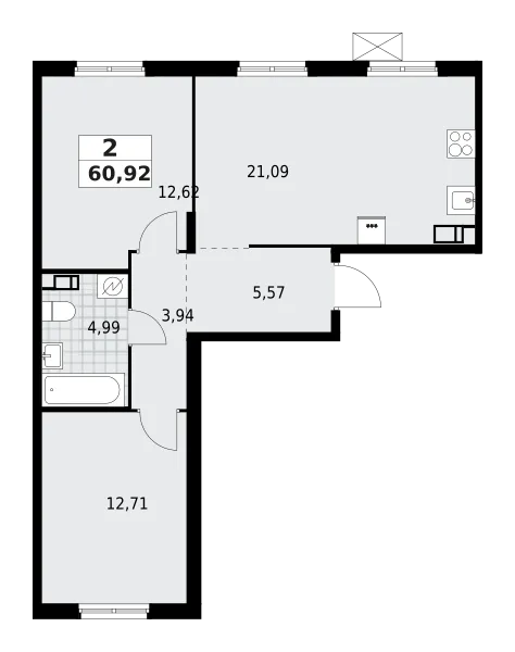 Продается 2-комнатная квартира, 60,9 м² - Фото 1