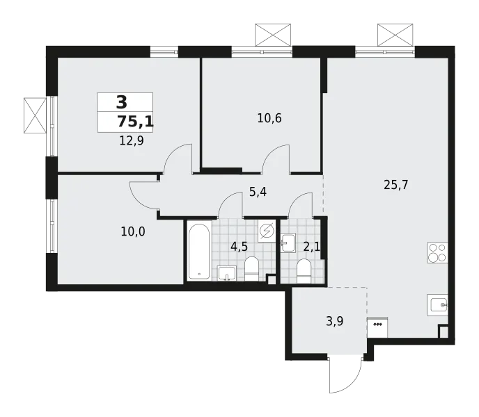 Продается 3-комнатная квартира, 75,1 м² - Фото 1