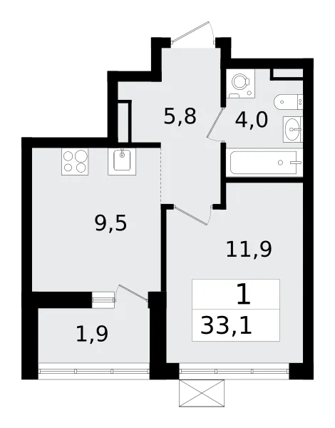 Продается 1-комнатная квартира, 33,2 м² - Фото 1