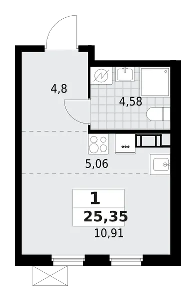 Продается 1-комнатная квартира, 25,4 м² - Фото 1
