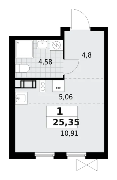 Продается 1-комнатная квартира, 25,4 м² - Фото 1