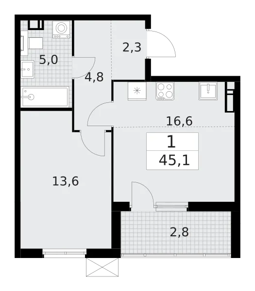 Продается 1-комнатная квартира, 45,1 м² - Фото 1