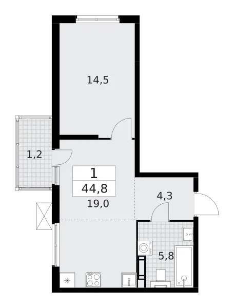 Продается 1-комнатная квартира, 44,8 м² - Фото 1