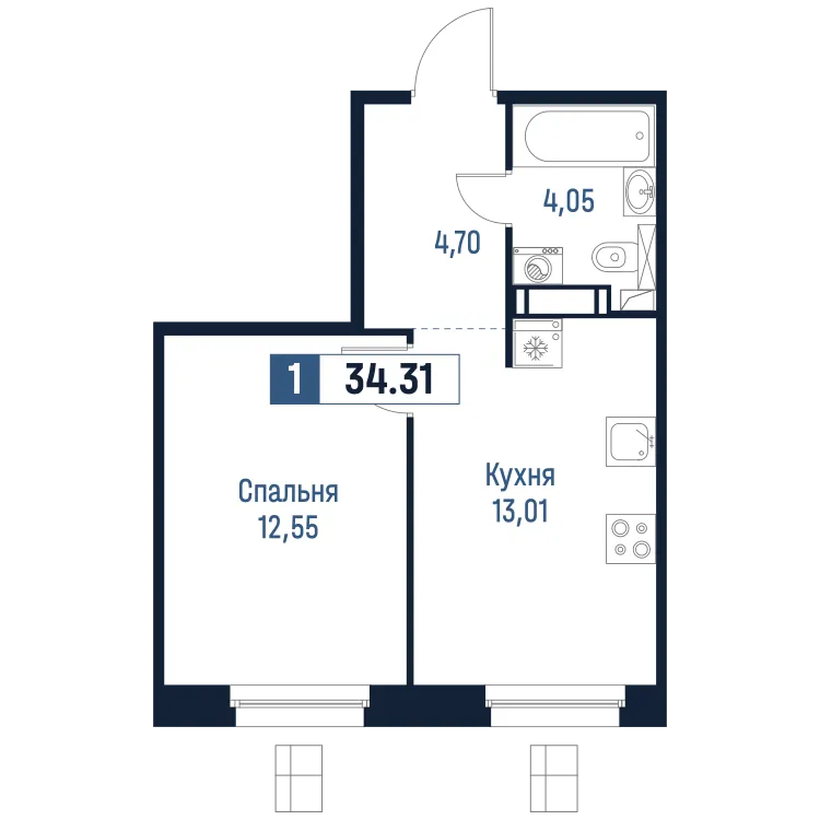 Продается 1-комнатная квартира, 34,3 м² - Фото 1