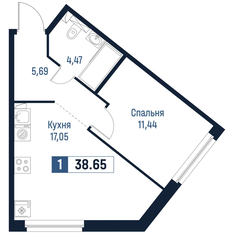 Продается 1-комнатная квартира, 38,7 м² - Фото 1