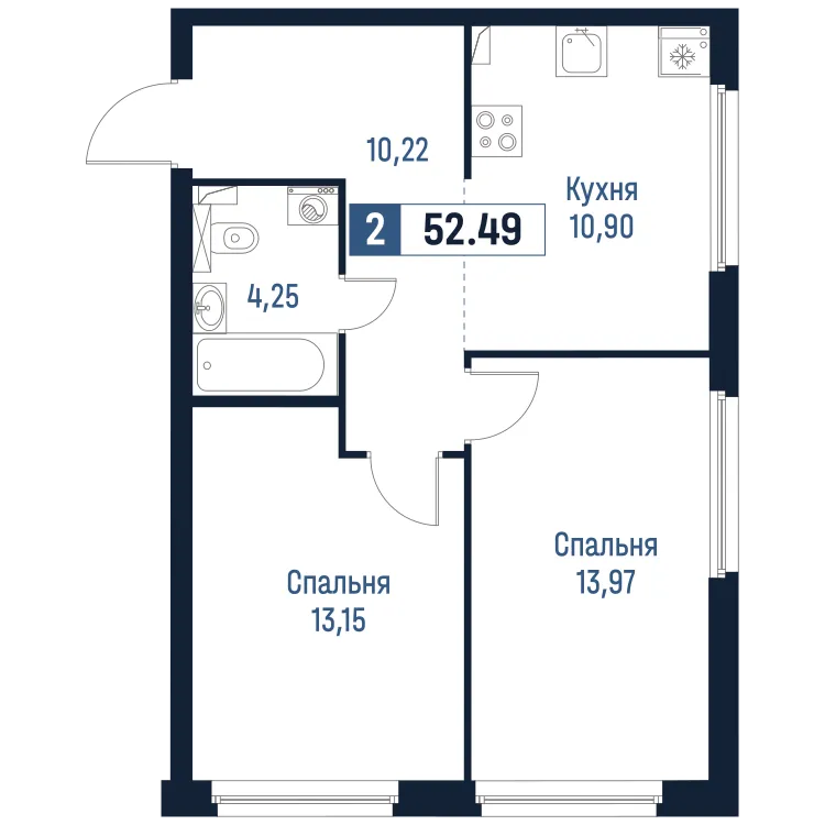 Продается 2-комнатная квартира, 52,5 м² - Фото 1