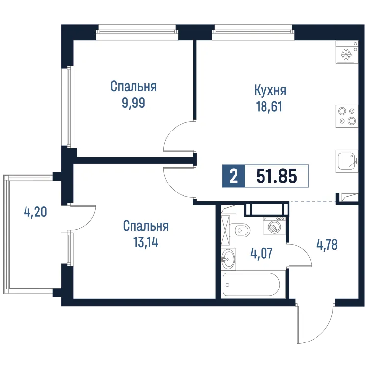 Продается 2-комнатная квартира, 51,9 м² - Фото 1