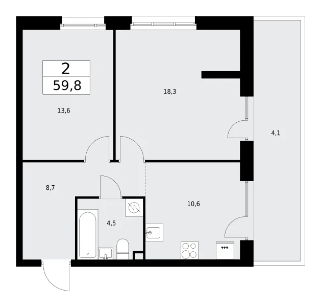 Продается 2-комнатная квартира, 59,3 м² - Фото 1