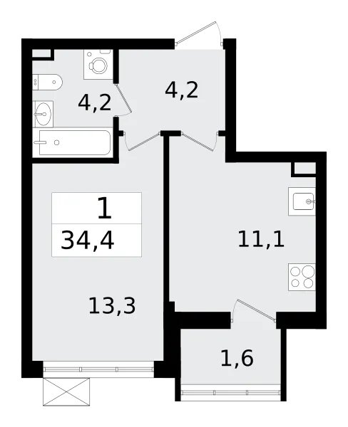 Продается 1-комнатная квартира, 34,4 м² - Фото 1