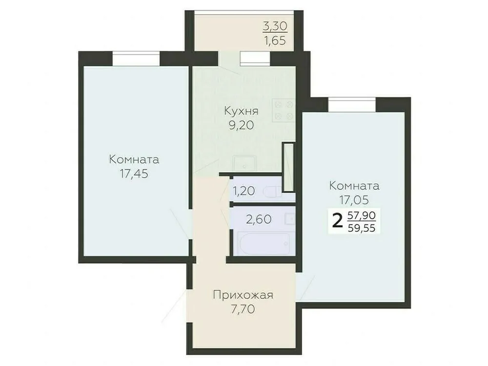 Продается 2-комнатная квартира, 59,6 м² - Фото 2