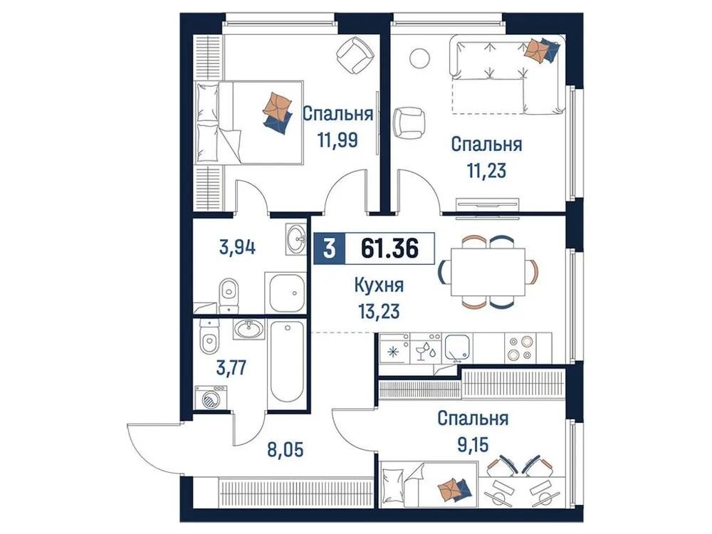 Продается 3-комнатная квартира, 61,4 м² - Фото 1