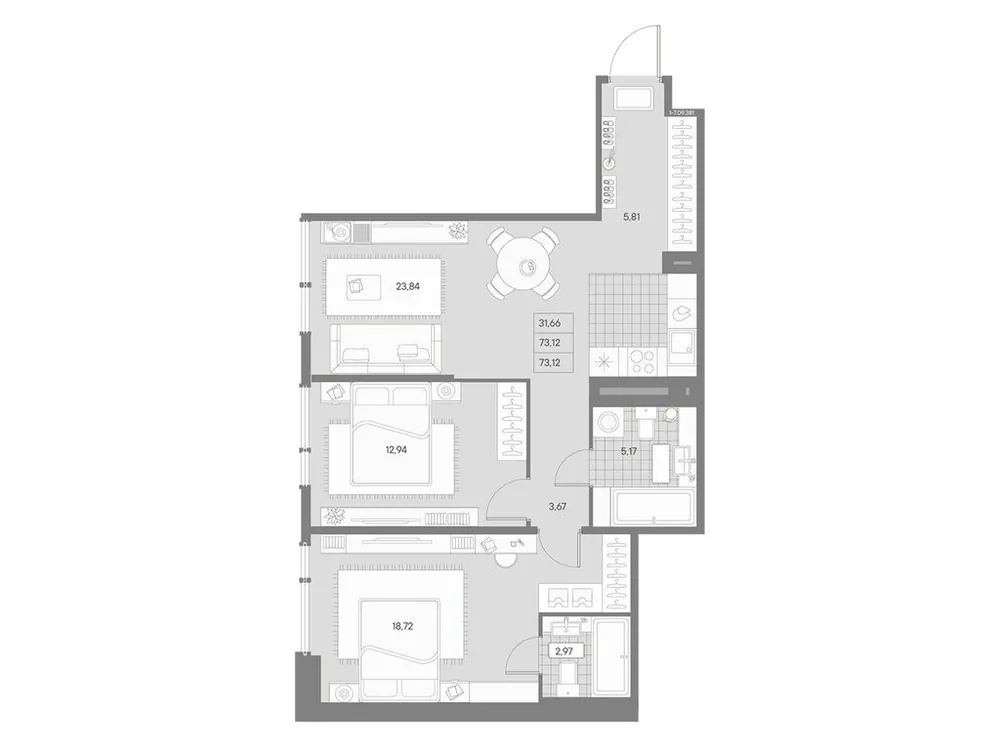 Продается 2-комнатная квартира, 73,1 м² - Фото 1