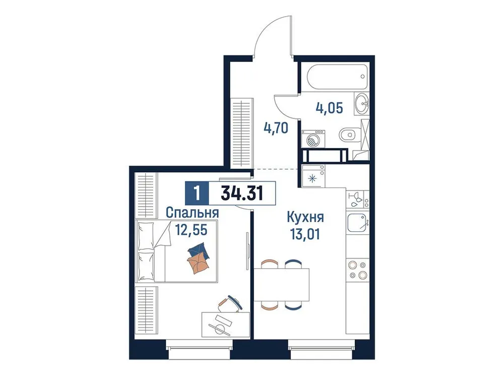 Продается 1-комнатная квартира, 34,3 м² - Фото 2