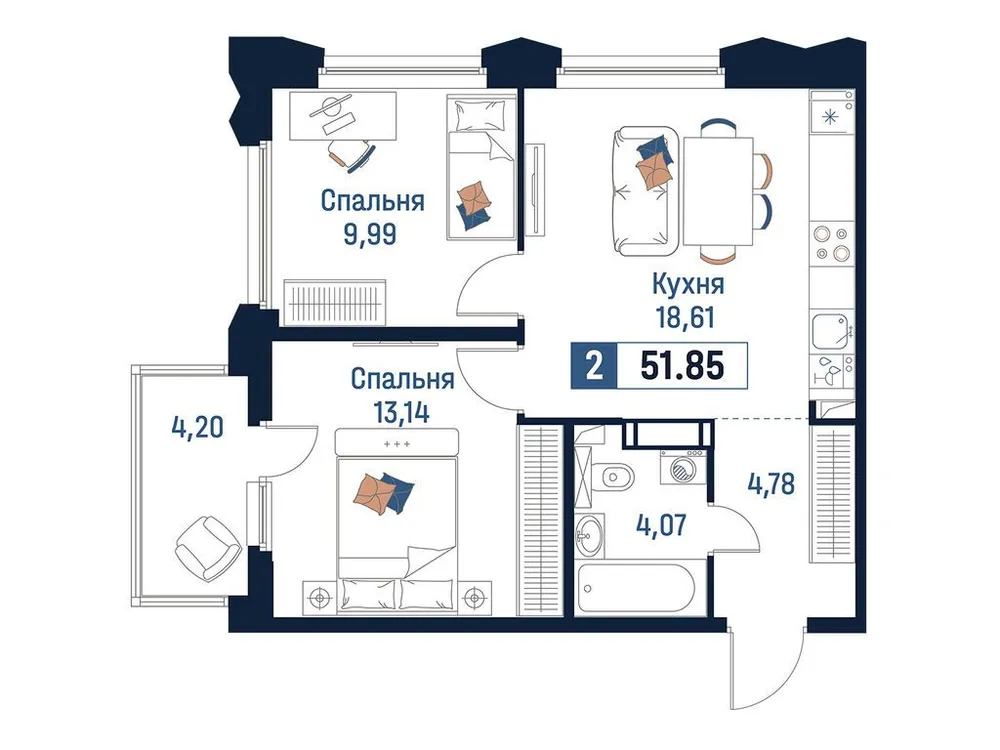 Продается 2-комнатная квартира, 51,9 м² - Фото 2